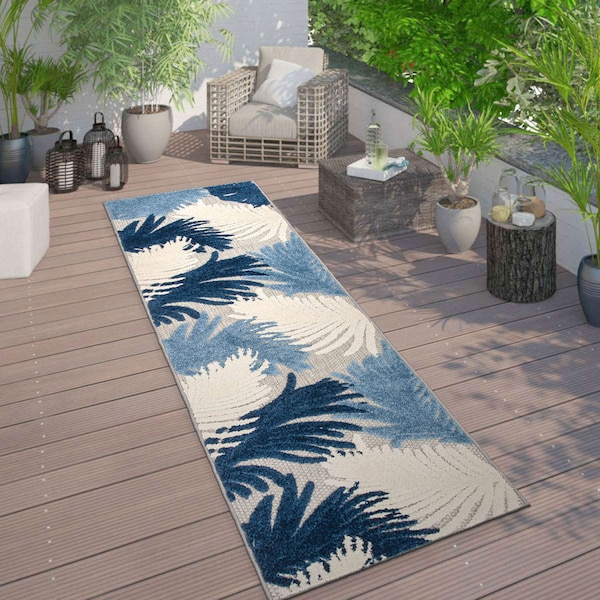 World Rug Gallery Amalfi Contemporary Tropical Floral Indoor/Outdoor Runner Rug 2' x 7' Navy 8013NAVY2X7 - main